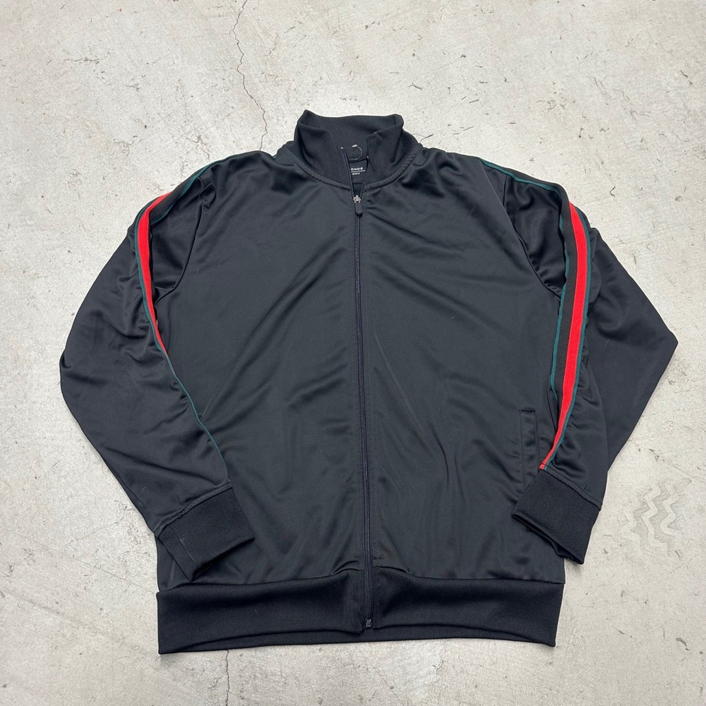 7Diamonds Mens M Black Track Jacket Red Green‎ Side Stripe Full Zip Retro Sporty
